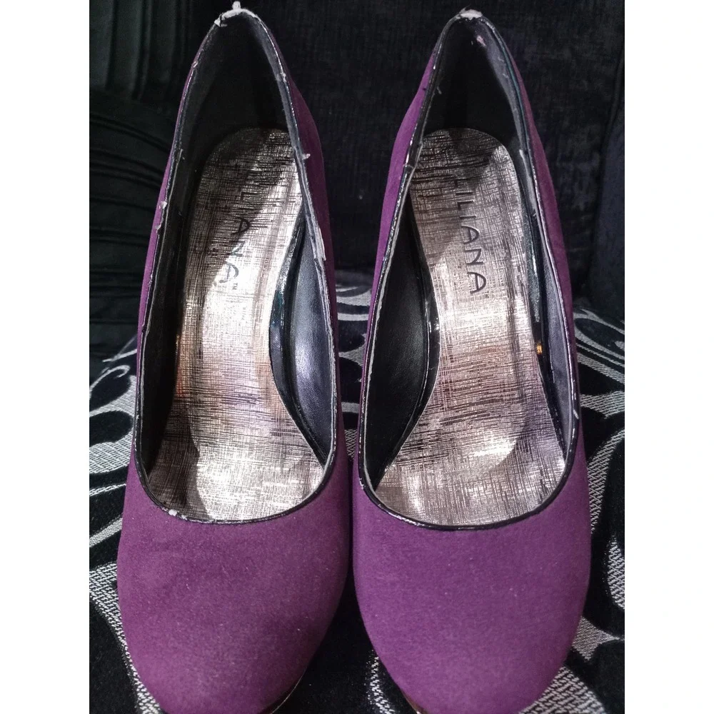 Liliana Purple Faux Suede Gold Metallic Double Platform Stiletto Pumps Heels